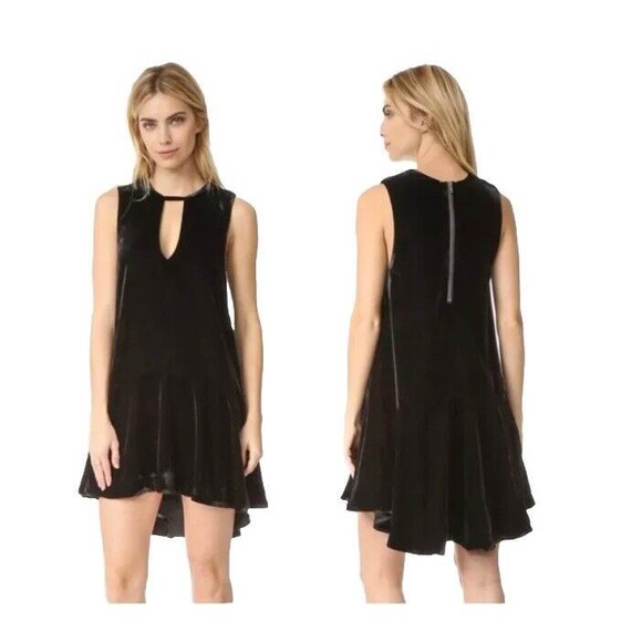 Free People Black Velvet Soft Focus A Line Drop Waist Sleeveless Mini Dress Sz M - Picture 2 of 7